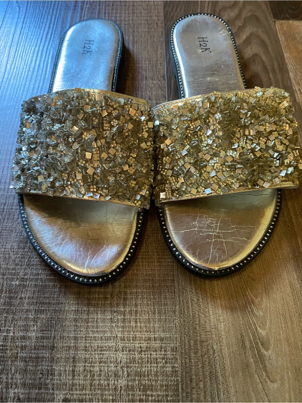 Embellished Gold Slide Sandals - Women's
